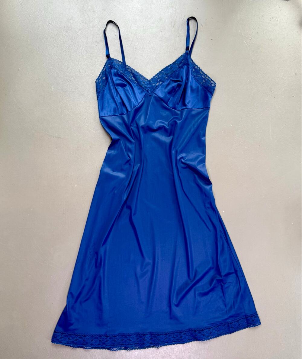Vintage Cobalt Blue Satin Lace Trim Slip Dress Nightgown Holiday Party